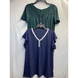2 Bundle Of Lace Round & V-Neck Short Sleeve Blouse Women Large Green/Blue NWOT